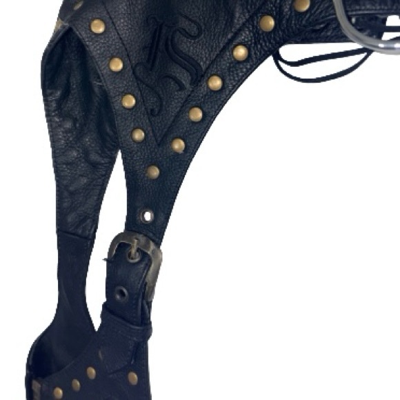 Fieldsheer Sz M Women W32-40” Studded Black Leather Chaps Mesh Lined ~28” Inseam - Picture 2 of 7